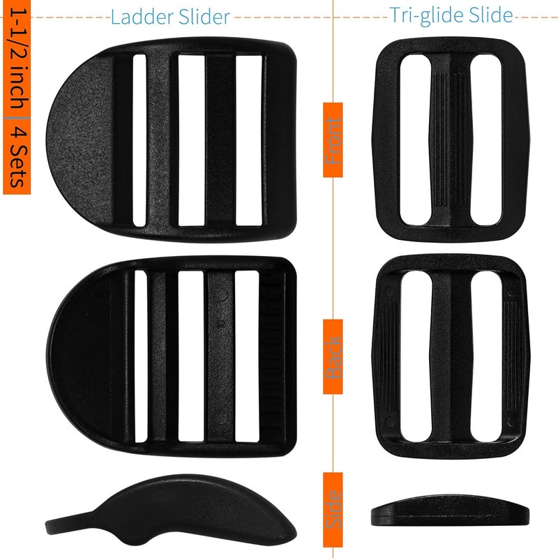 LASIGHT 4 Pack Slider Ladder Lock Buckle and Tri-glide Slide for 3/4", 1", 1-1/4", 1-1/2", 2" Webbing Strap - Image 4